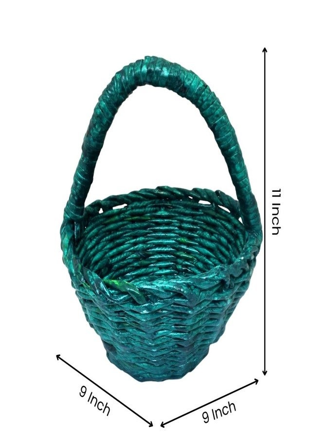Tarang Arts Handcrafted Teal Woven Storage Basket, Decorative Shelf Basket with Handle, Natural Fiber Home Organizer for Kitchen, Bathroom, Living Room 11 * 9 * 9 inches - Image 2
