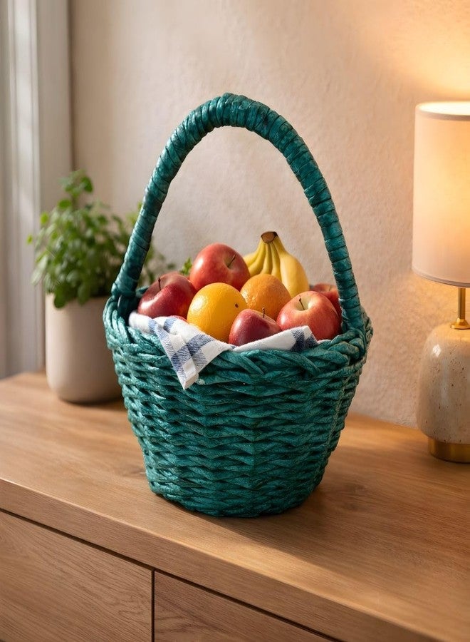 Tarang Arts Handcrafted Teal Woven Storage Basket, Decorative Shelf Basket with Handle, Natural Fiber Home Organizer for Kitchen, Bathroom, Living Room 11 * 9 * 9 inches - Image 4