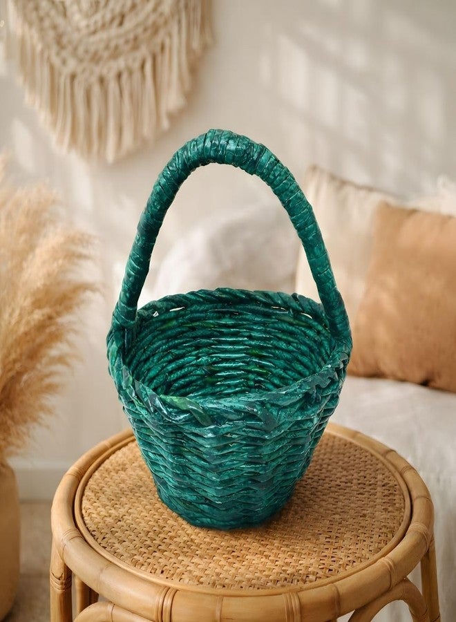 Tarang Arts Handcrafted Teal Woven Storage Basket, Decorative Shelf Basket with Handle, Natural Fiber Home Organizer for Kitchen, Bathroom, Living Room 11 * 9 * 9 inches - Image 3