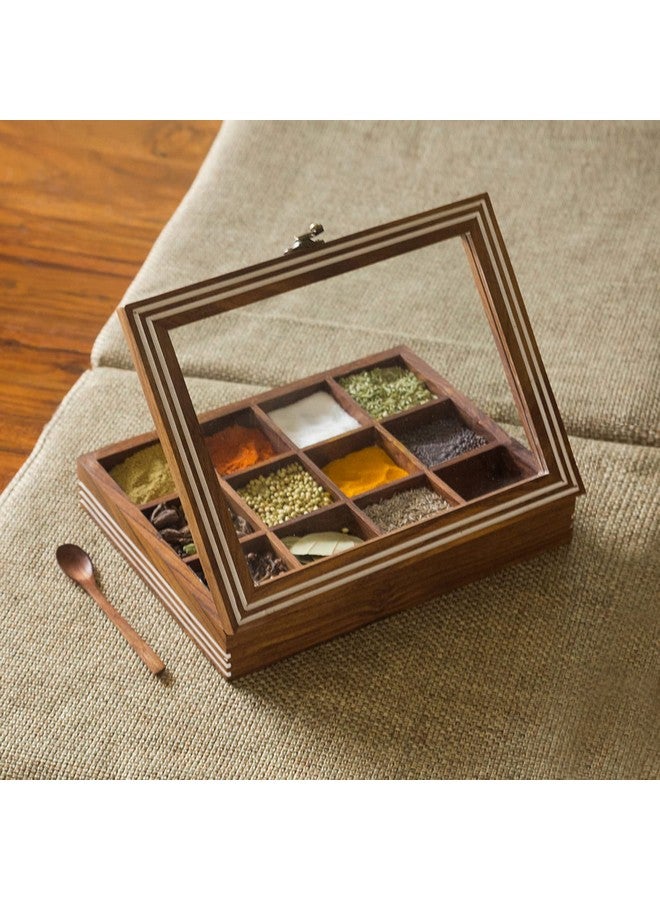 ExclusiveLane صندوق توابل خشبي حصري للمطبخ مع ملعقة (خشب شيشام، 12 قسم، غير قابل للفصل) | صندوق توابل خشبي لتخزين التوابل في المطبخ - بني - Image 2