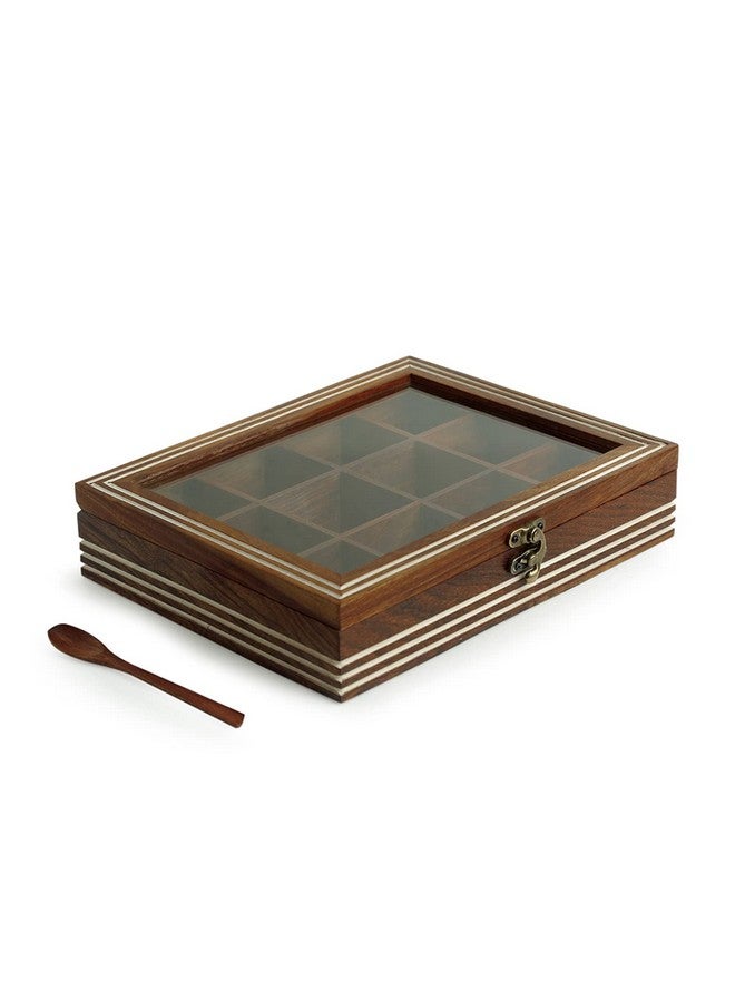 ExclusiveLane صندوق توابل خشبي حصري للمطبخ مع ملعقة (خشب شيشام، 12 قسم، غير قابل للفصل) | صندوق توابل خشبي لتخزين التوابل في المطبخ - بني - Image 3