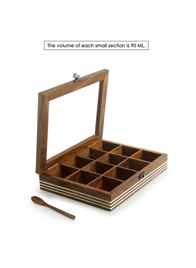 ExclusiveLane صندوق توابل خشبي حصري للمطبخ مع ملعقة (خشب شيشام، 12 قسم، غير قابل للفصل) | صندوق توابل خشبي لتخزين التوابل في المطبخ - بني - Image 4