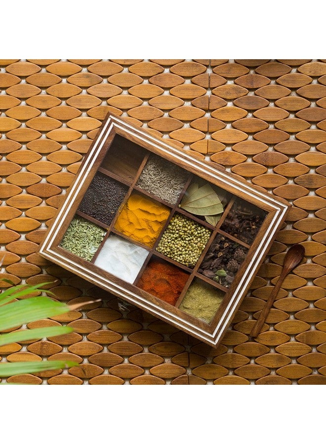 ExclusiveLane صندوق توابل خشبي حصري للمطبخ مع ملعقة (خشب شيشام، 12 قسم، غير قابل للفصل) | صندوق توابل خشبي لتخزين التوابل في المطبخ - بني - Image 1