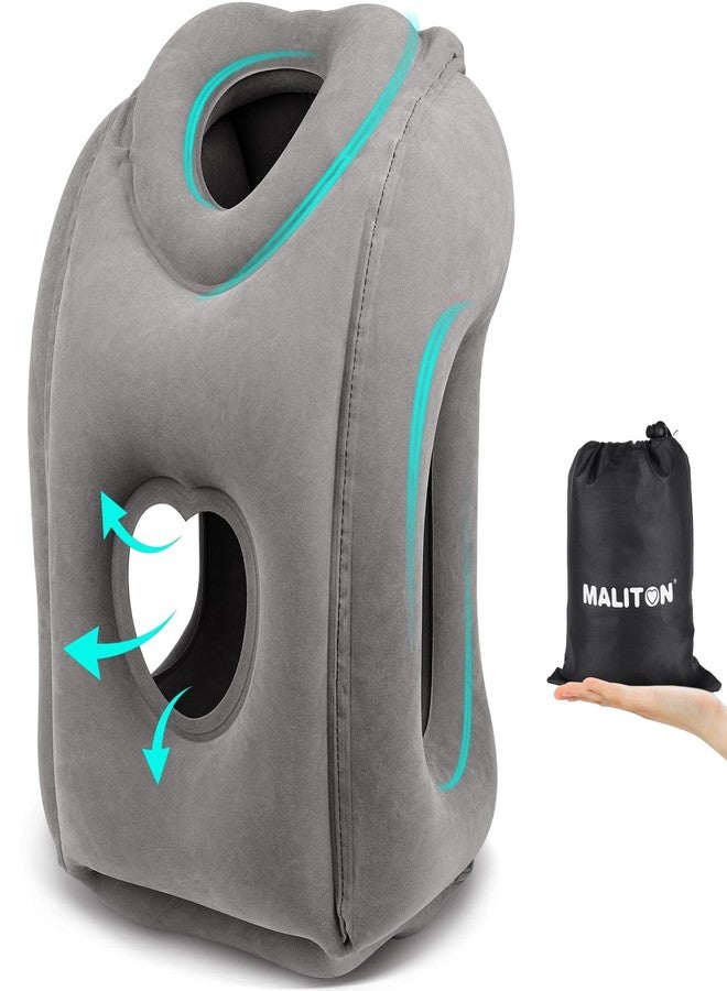 Maliton وسادة سفر قابلة للنفخ من ماليتون للطائرة للنوم المريح لتخفيف آلام الرقبة والكتف، تدعم الرأس، وسادة قابلة للنفخ للرحلات الطويلة، تستخدم للطائرات، السيارات، القطارات (رمادي داكن) - Image 1