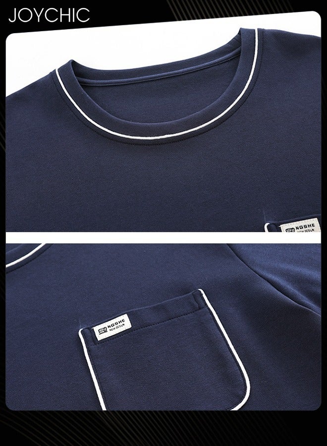 Joychic طقم بيجاما للرجال من 3 قطع بلون موحد - أكمام قصيرة + شورت + بنطال - ملابس نوم عصرية مصنوعة من مودال قابلة للتنفس ومقاومة للتآكل للشباب للمنزل لفصل الربيع والصيف والخريف باللون الأزرق الداكن - Image 3