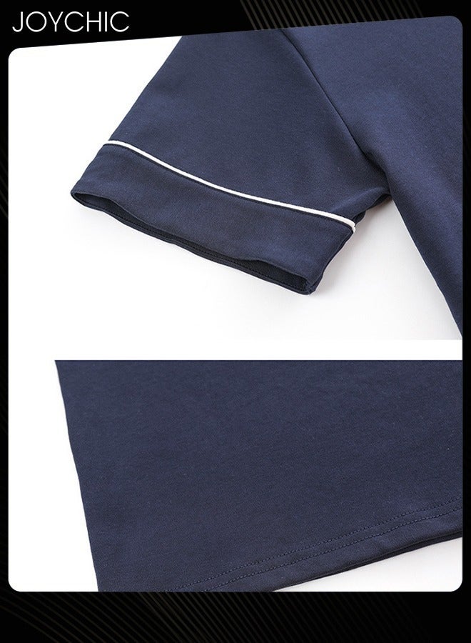 Joychic طقم بيجاما للرجال من 3 قطع بلون موحد - أكمام قصيرة + شورت + بنطال - ملابس نوم عصرية مصنوعة من مودال قابلة للتنفس ومقاومة للتآكل للشباب للمنزل لفصل الربيع والصيف والخريف باللون الأزرق الداكن - Image 4