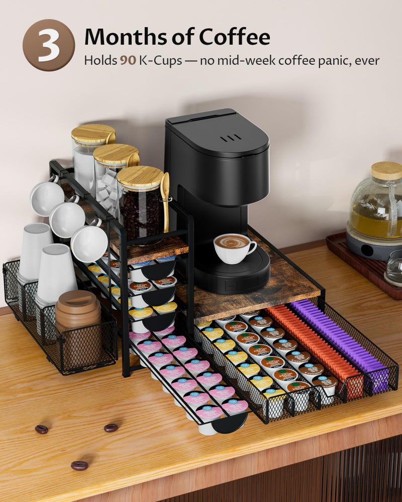 VA1KENE Coffee Bar Organizer - 90 K-Cup Capacity, 3 Hooks, Multi-Tier Storage for Pods, Mugs & Accessories, Tea Bags & Coffee Station Organizer, Space-Saving Kitchen Countertop K-Cup Holder - Image 3