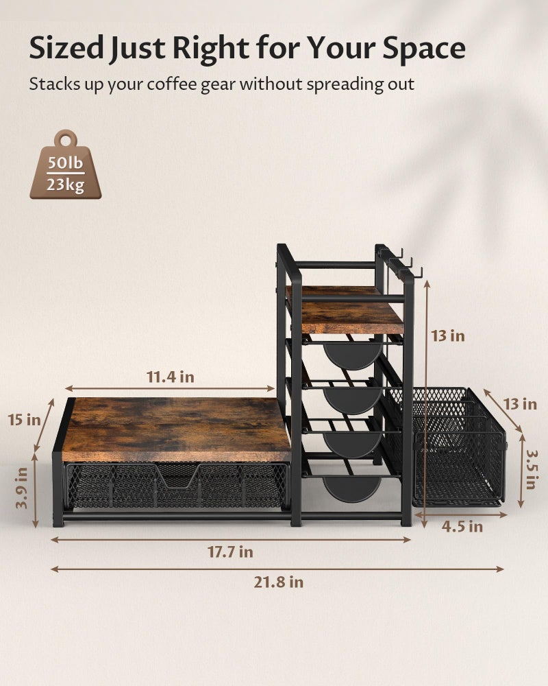VA1KENE Coffee Bar Organizer - 90 K-Cup Capacity, 3 Hooks, Multi-Tier Storage for Pods, Mugs & Accessories, Tea Bags & Coffee Station Organizer, Space-Saving Kitchen Countertop K-Cup Holder - Image 2