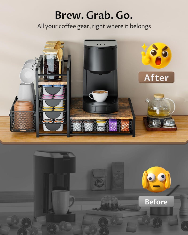 VA1KENE Coffee Bar Organizer - 90 K-Cup Capacity, 3 Hooks, Multi-Tier Storage for Pods, Mugs & Accessories, Tea Bags & Coffee Station Organizer, Space-Saving Kitchen Countertop K-Cup Holder - Image 5