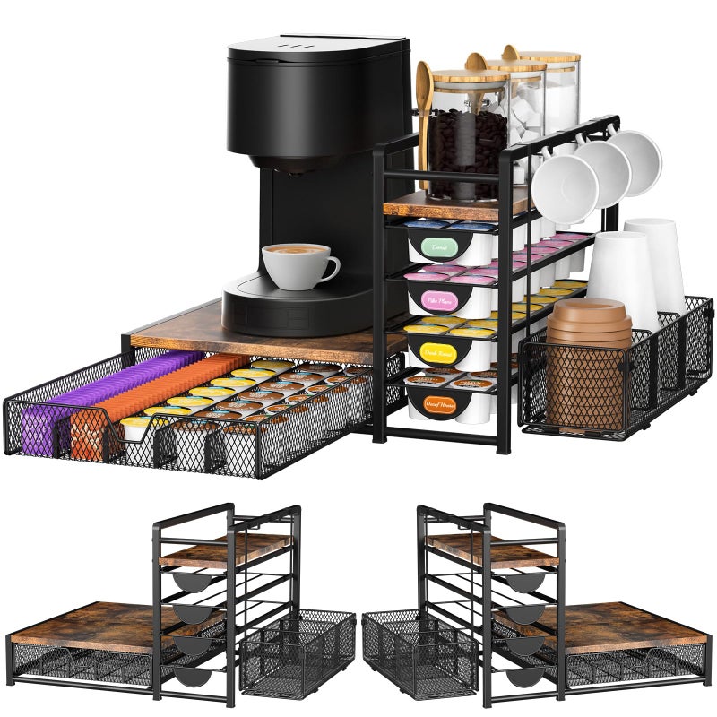 VA1KENE Coffee Bar Organizer - 90 K-Cup Capacity, 3 Hooks, Multi-Tier Storage for Pods, Mugs & Accessories, Tea Bags & Coffee Station Organizer, Space-Saving Kitchen Countertop K-Cup Holder - Image 1