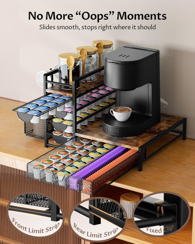 VA1KENE Coffee Bar Organizer - 90 K-Cup Capacity, 3 Hooks, Multi-Tier Storage for Pods, Mugs & Accessories, Tea Bags & Coffee Station Organizer, Space-Saving Kitchen Countertop K-Cup Holder - Image 4