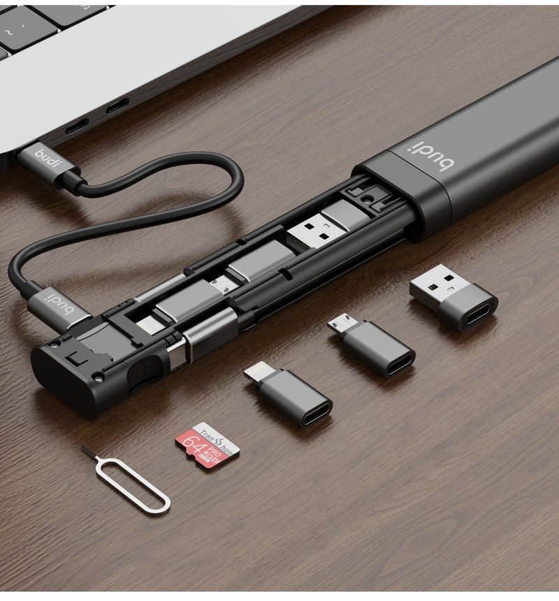 بودي كابل شحن Budi متعدد الوظائف (9 في 1) - لون أسود، كابل شحن سريع بقوة 65 واط مزود بمحولات USB-C وLightning وMicro USB وUSB-A، بالإضافة إلى قارئ بطاقات TF ومكان لتخزين بطاقة SIM، موديل DC516B. - Image 1