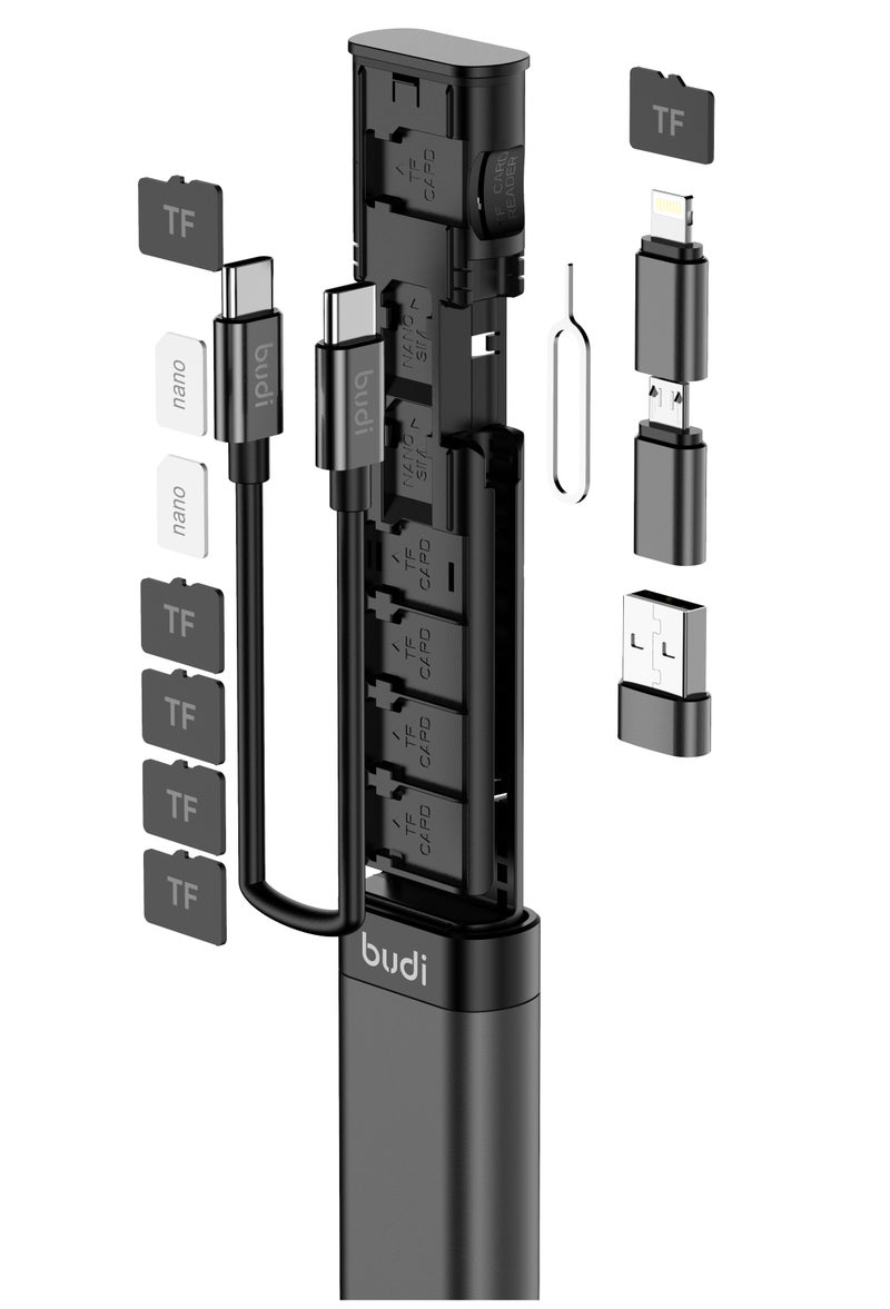بودي كابل شحن Budi متعدد الوظائف (9 في 1) - لون أسود، كابل شحن سريع بقوة 65 واط مزود بمحولات USB-C وLightning وMicro USB وUSB-A، بالإضافة إلى قارئ بطاقات TF ومكان لتخزين بطاقة SIM، موديل DC516B. - Image 2