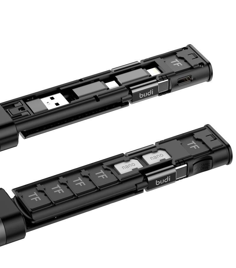 بودي كابل شحن Budi متعدد الوظائف (9 في 1) - لون أسود، كابل شحن سريع بقوة 65 واط مزود بمحولات USB-C وLightning وMicro USB وUSB-A، بالإضافة إلى قارئ بطاقات TF ومكان لتخزين بطاقة SIM، موديل DC516B. - Image 3
