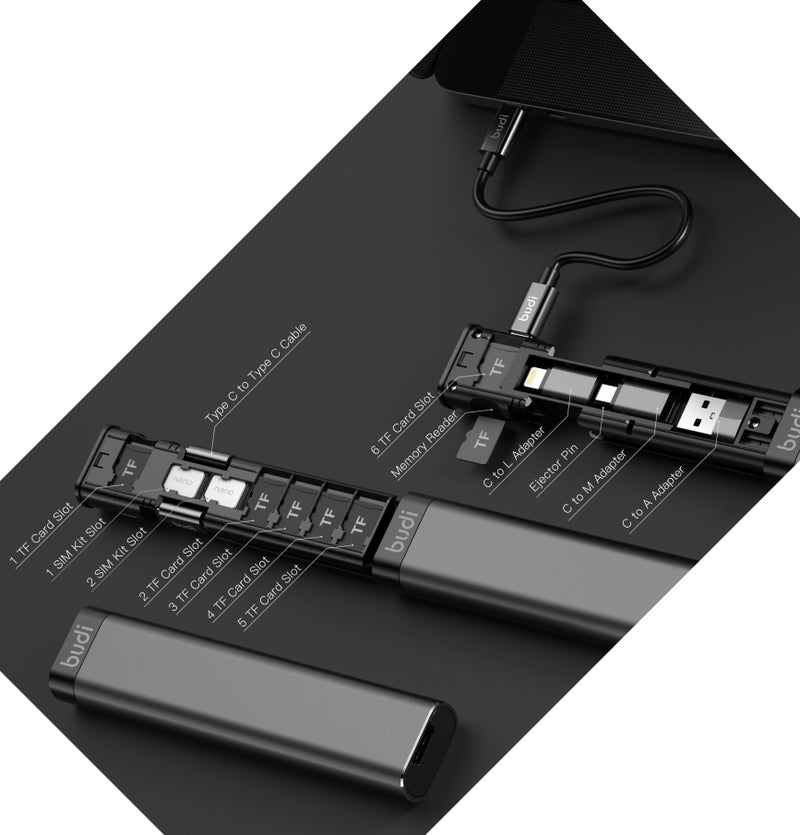 بودي كابل شحن Budi متعدد الوظائف (9 في 1) - لون أسود، كابل شحن سريع بقوة 65 واط مزود بمحولات USB-C وLightning وMicro USB وUSB-A، بالإضافة إلى قارئ بطاقات TF ومكان لتخزين بطاقة SIM، موديل DC516B. - Image 4