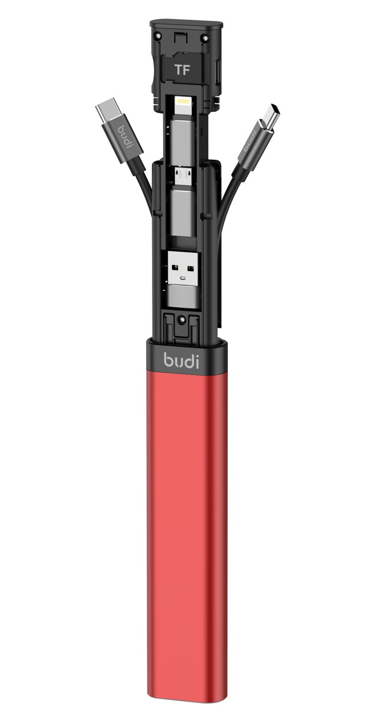 بودي كابل شحن Budi متعدد الوظائف (9 في 1) - لون أسود، كابل شحن سريع بقوة 65 واط مزود بمحولات USB-C وLightning وMicro USB وUSB-A، بالإضافة إلى قارئ بطاقات TF ومكان لتخزين بطاقة SIM، موديل DC516B. - Image 5
