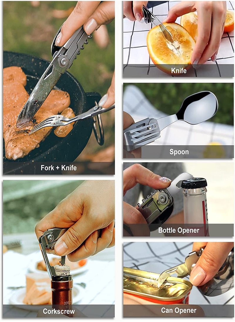 SYOSI - Folding Camping Cutlery Set 5 in-1 Multifunctional Travel Pocket Cutlery Folding Spoon Fork Knife Bottle Opener Can Portable Set Utensil for Travel Hiking Picnic with Drawstring Pouch - Image 1