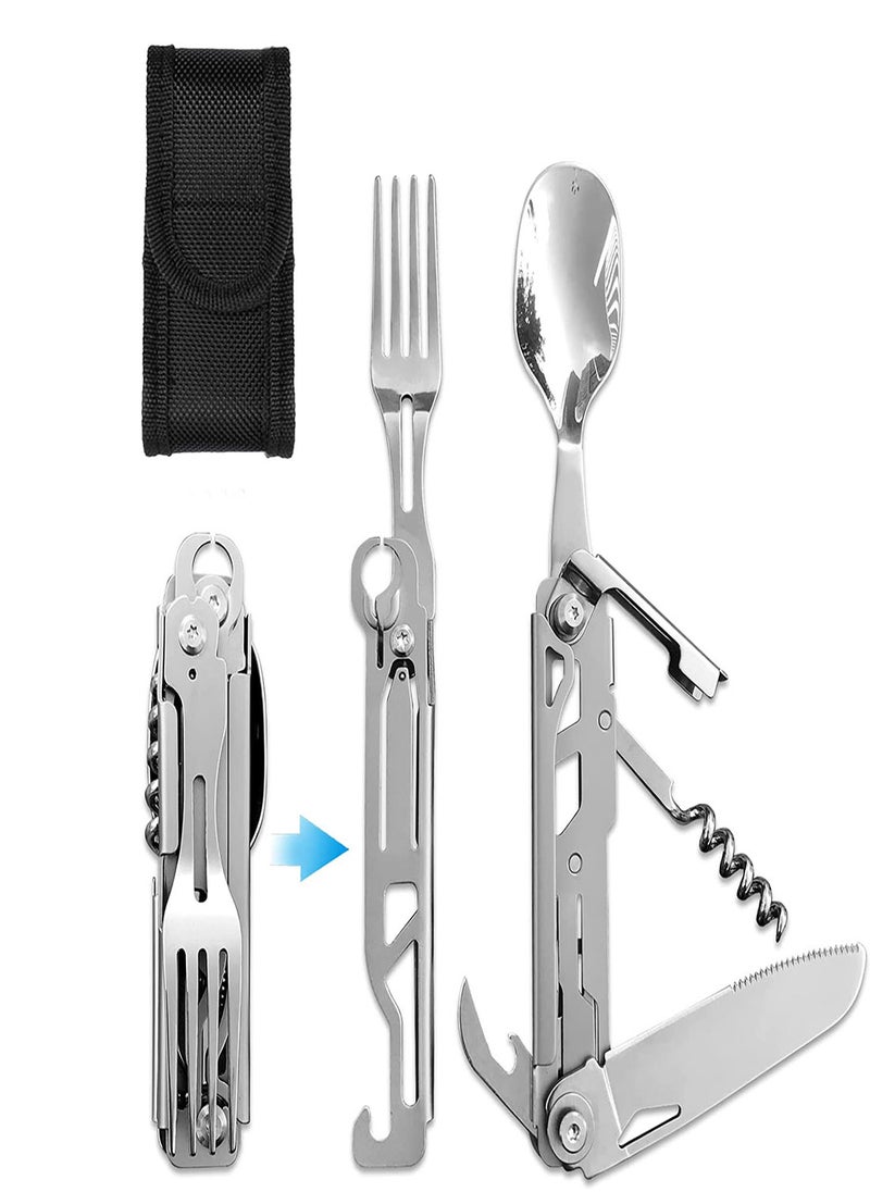SYOSI - Folding Camping Cutlery Set 5 in-1 Multifunctional Travel Pocket Cutlery Folding Spoon Fork Knife Bottle Opener Can Portable Set Utensil for Travel Hiking Picnic with Drawstring Pouch - Image 1