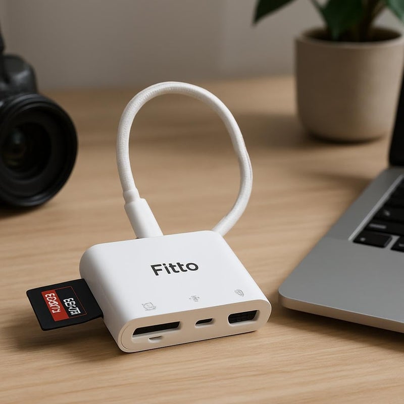 FITTO فيتو 4 في 1 محور OTG، لايتنينغ إلى SD، TF، USB، فلاش - أبيض - Image 2