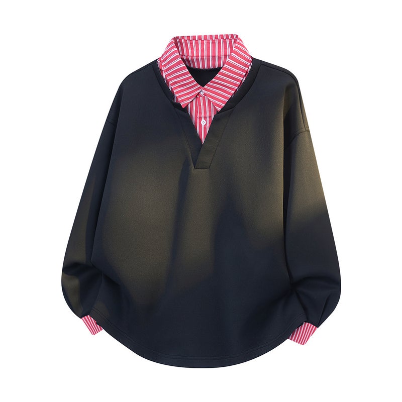 New Autumn Hong Kong Style Men'S Sweatshirt Fake Two-Piece Striped Jacket High Street Shirt Black - Image 1