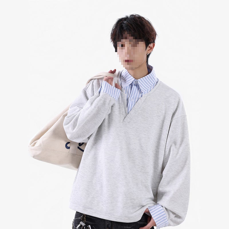 New Autumn Hong Kong Style Men'S Sweatshirt Fake Two-Piece Striped Jacket High Street Shirt Black - Image 4