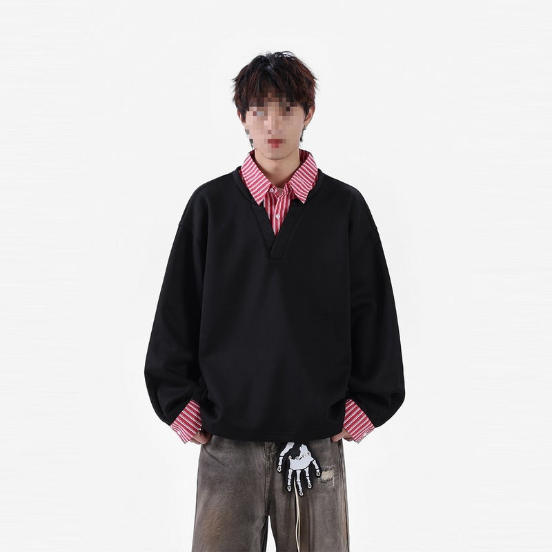 New Autumn Hong Kong Style Men'S Sweatshirt Fake Two-Piece Striped Jacket High Street Shirt Black - Image 2