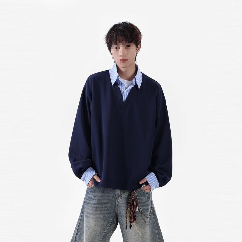 New Autumn Hong Kong Style Men'S Sweatshirt Fake Two-Piece Striped Jacket High Street Shirt Black - Image 3