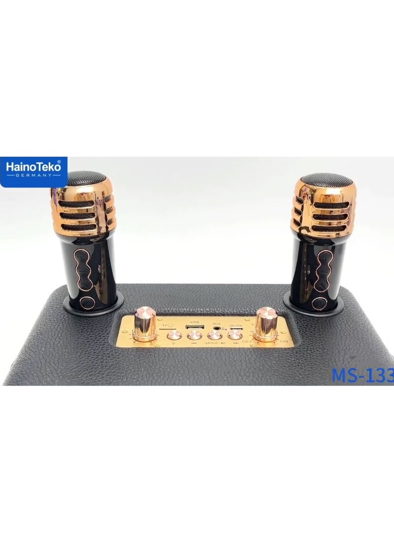 Haino Teko "Germany MS133 Portable Bluetooth Wireless Speaker with 2 Wireless Mics – Powerful Sound with Deep Bass, Rechargeable Battery, LED Lights, Perfect for Parties, Karaoke, Outdoor Activities, and Events – Easy Bluetooth Connectivity, Portable and Durable Design"  - Image 4