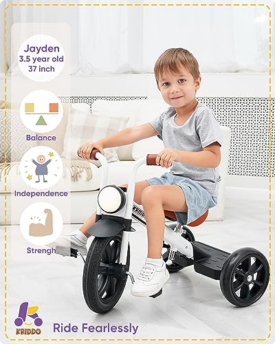 KRIDDO Kids Tricycle 12 Inch Puncture Free Wheel w Front Light Adjustable Seat Height Gift for 25 Year Olds White - Image 5