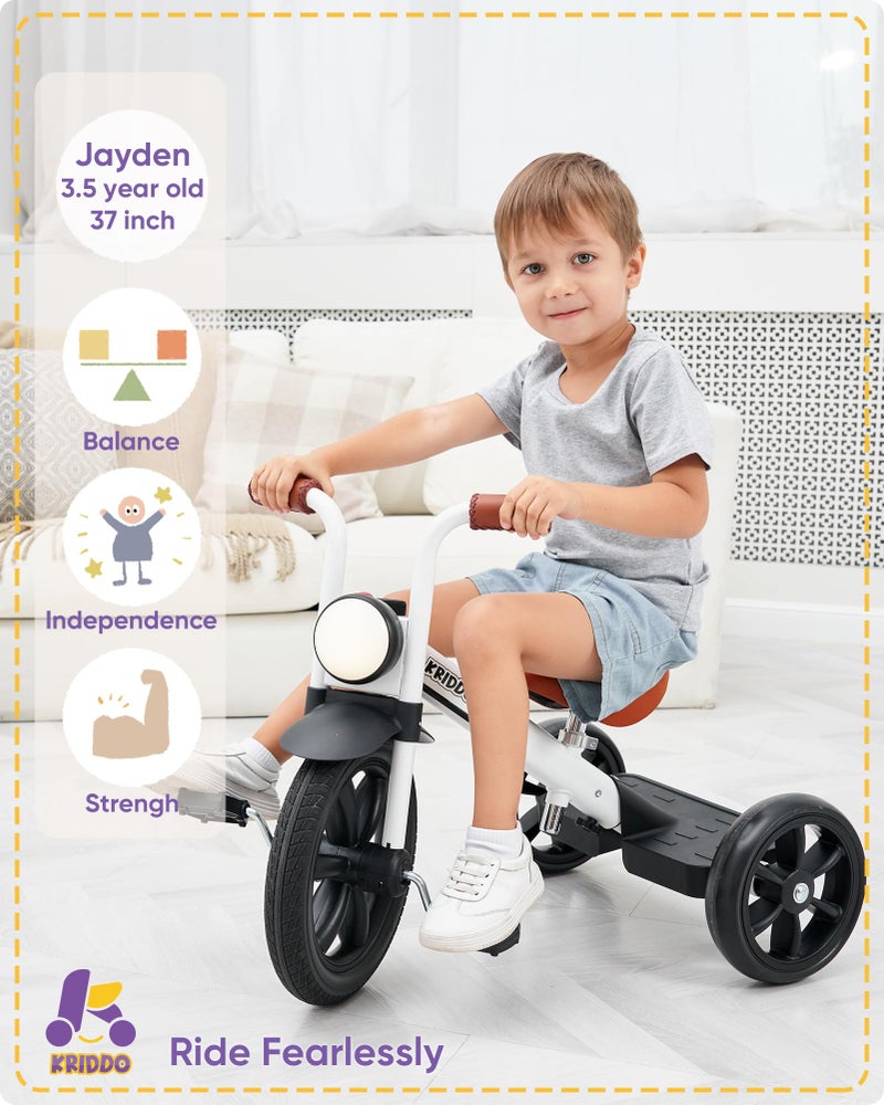 KRIDDO Kids Tricycle 12 Inch Puncture Free Wheel w Front Light Adjustable Seat Height Gift for 25 Year Olds White - Image 3