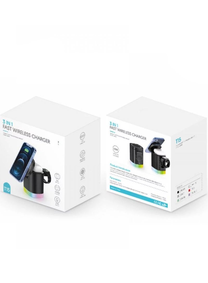 CATANES Wireless Charger Folding 3 in 1 Magnetic Fast Charging Station with Lamp for Apple Model T15 Black  - Image 2