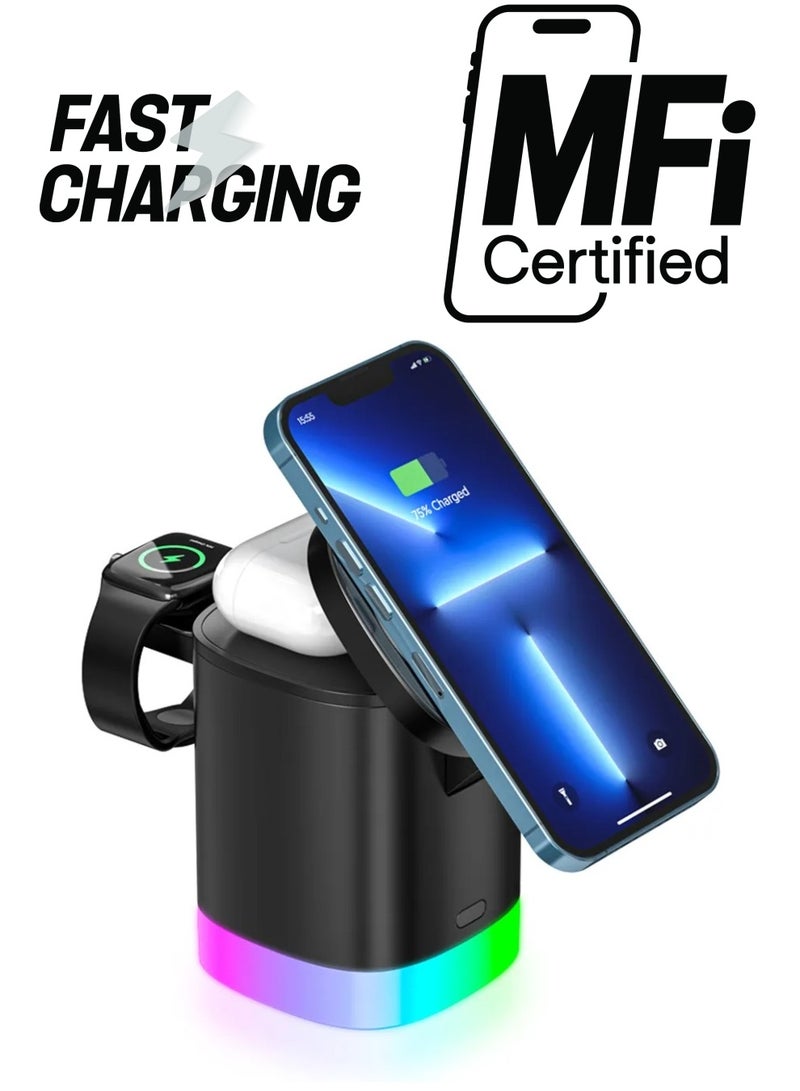 CATANES Wireless Charger Folding 3 in 1 Magnetic Fast Charging Station with Lamp for Apple Model T15 Black  - Image 1
