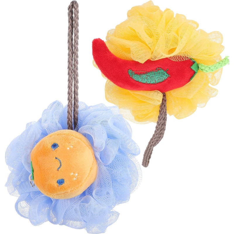 Exfoliating Bath Ball Set 2PCS Soft Mesh Body Scrubber Cartoon Fruit Design - Image 2