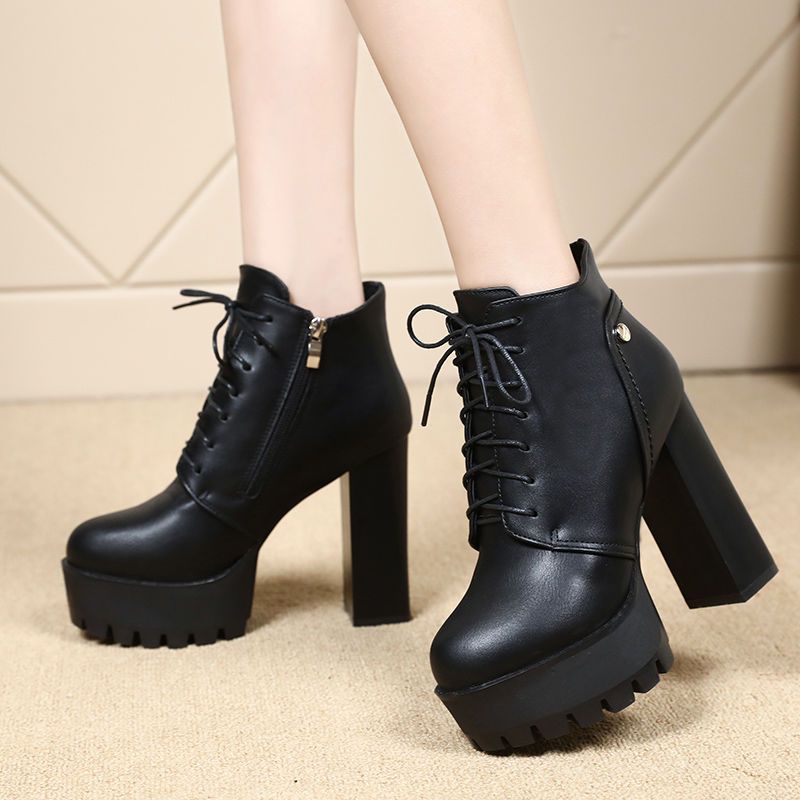 2023 Fashion Lace-up Chunky Heel Ankle Boots Black 