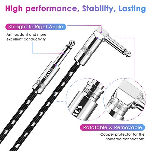 Sovvid 10FT Instrument Cable - Electric Guitar & Bass Cable with Right Angle 1/4 Inch Connector, Black & White - Image 4