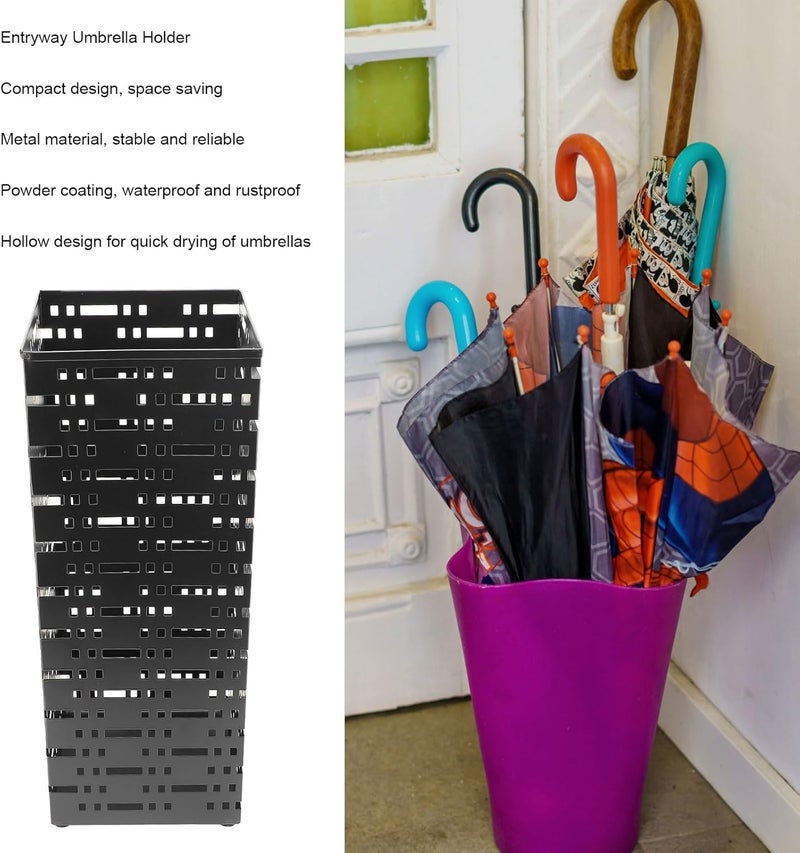 Metal Standing Umbrella Holder, Entryway Umbrella Storage Organizer Bin with Hollow Design, Powder Coated Rustproof Umbrella Bucket for Home Hotel Office - Image 1