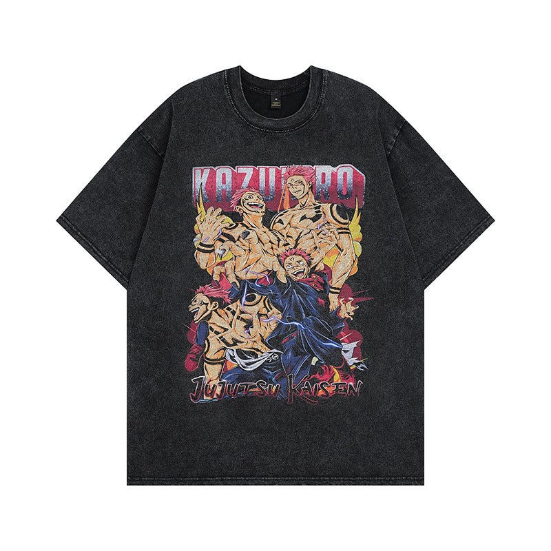 Cartoon Distressed Short-Sleeved T-Shirt For Men And Women American Style Street Retro Trendy Brand Loose Couple Half-Sleeved Tee Shirt - Image 1