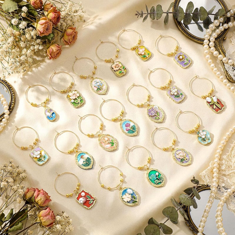 Sureio 18 Sets Wine Glass Charms Kit Enamel Floral Tulip Flower Wine Charms for Stem Glasses DIY Reusable Drink Markers for Party Favors - Image 4