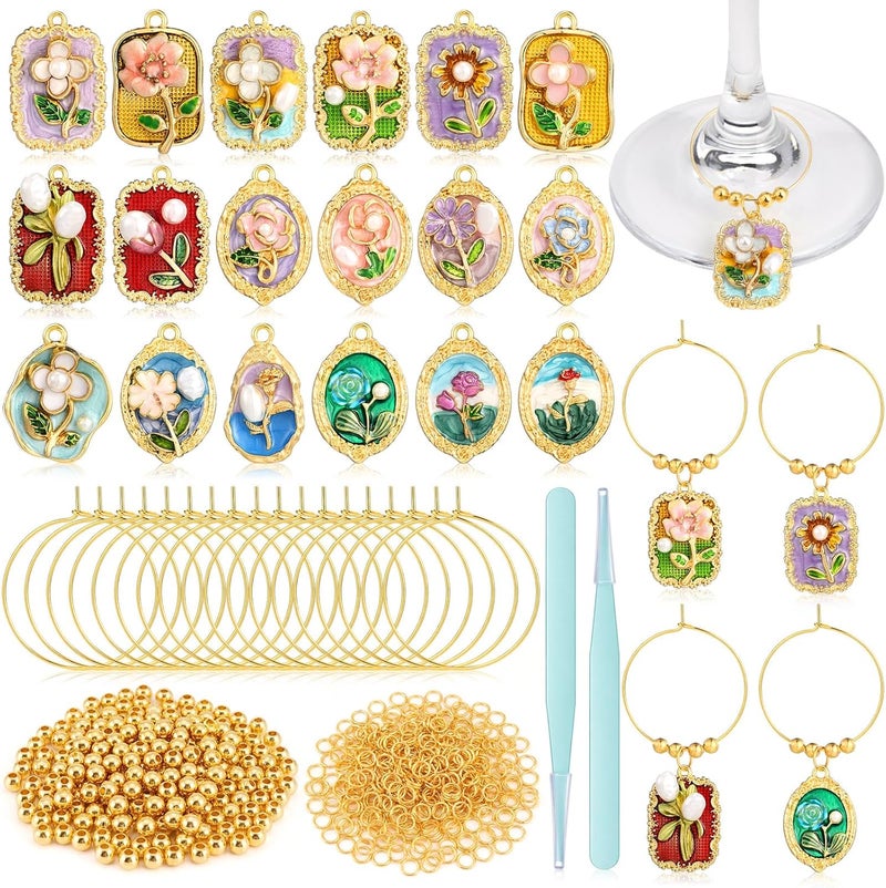 Sureio 18 Sets Wine Glass Charms Kit Enamel Floral Tulip Flower Wine Charms for Stem Glasses DIY Reusable Drink Markers for Party Favors - Image 1