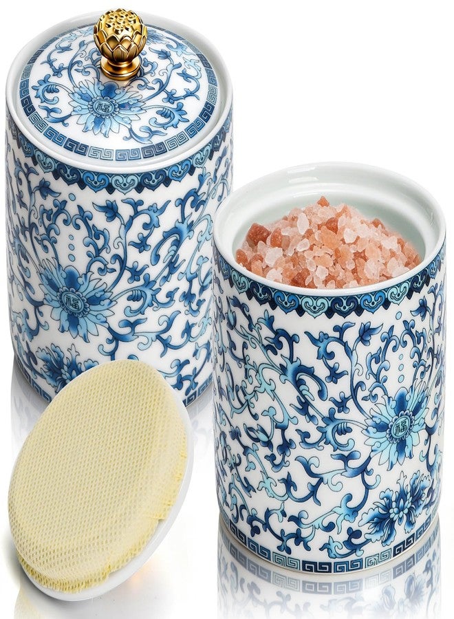 Mezchi 2 Pack Blue and White Porcelain Salt Cellar with Lid, Vintage Ceramic Salt Containers for Countertop, Small Salt Storage Box, Seasoning Holder, Spice Jars for Sugar, Candy, Herbs - Image 1