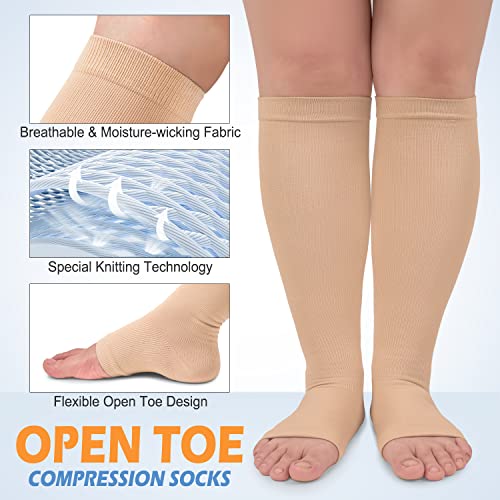 CTHH 3 Pack Open Toe Compression Socks for Women & Men, Toeless Knee High Stockings for Circulation Support, Nude Large-X-Large - Image 4