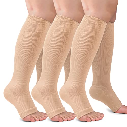 CTHH 3 Pack Open Toe Compression Socks for Women & Men, Toeless Knee High Stockings for Circulation Support, Nude Large-X-Large - Image 2