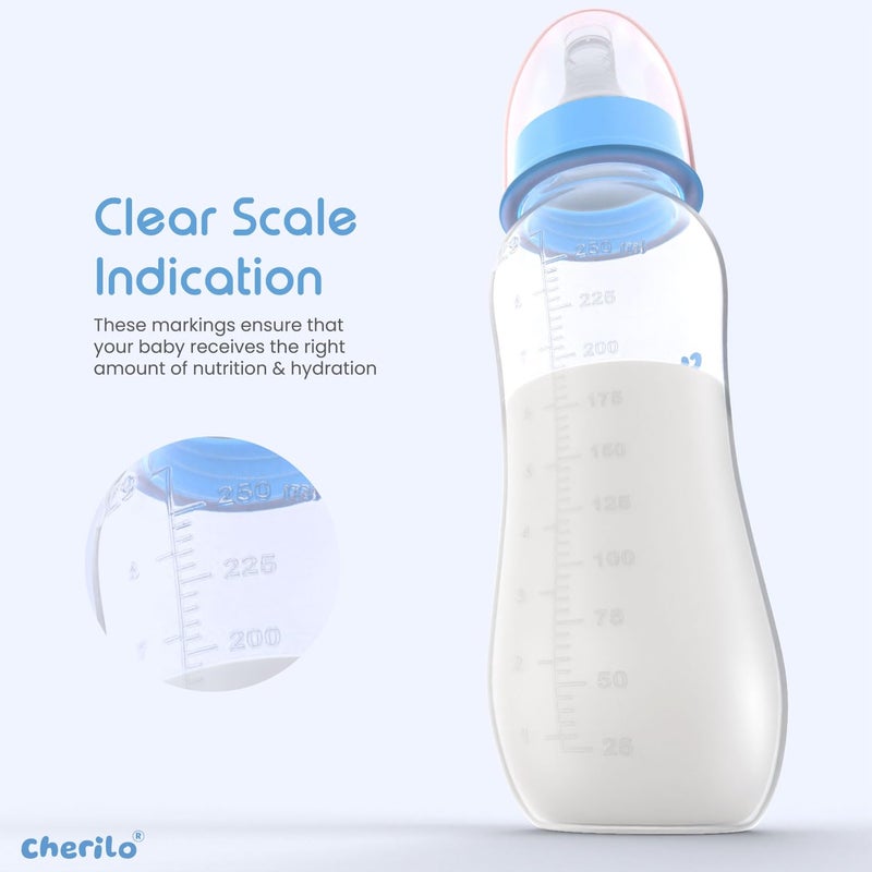 Cherilo زجاجة تغذية شيريلو للمولود الجديد | 250 مل تصميم مضاد للمغص برأس نحيف خالي من BPA لرضيع عمره سنة فما فوق حتى 3 سنوات | تصميم الفيل المضحك مع حلمة سيليكون ناعمة وغطاء مقاوم للتسرب - Image 2