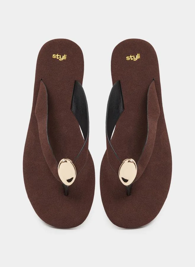 Styli  Brown Flat Flip-Flops with Gold Tone Metallic Detail for Women | Best Price UAE