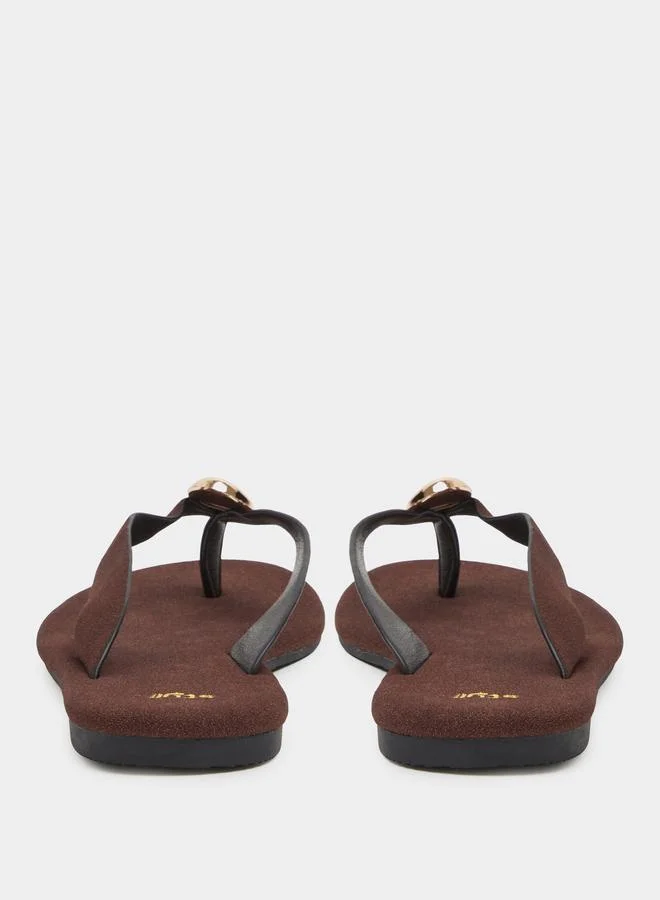 Styli  Brown Flat Flip-Flops with Gold Tone Metallic Detail for Women | Best Price UAE