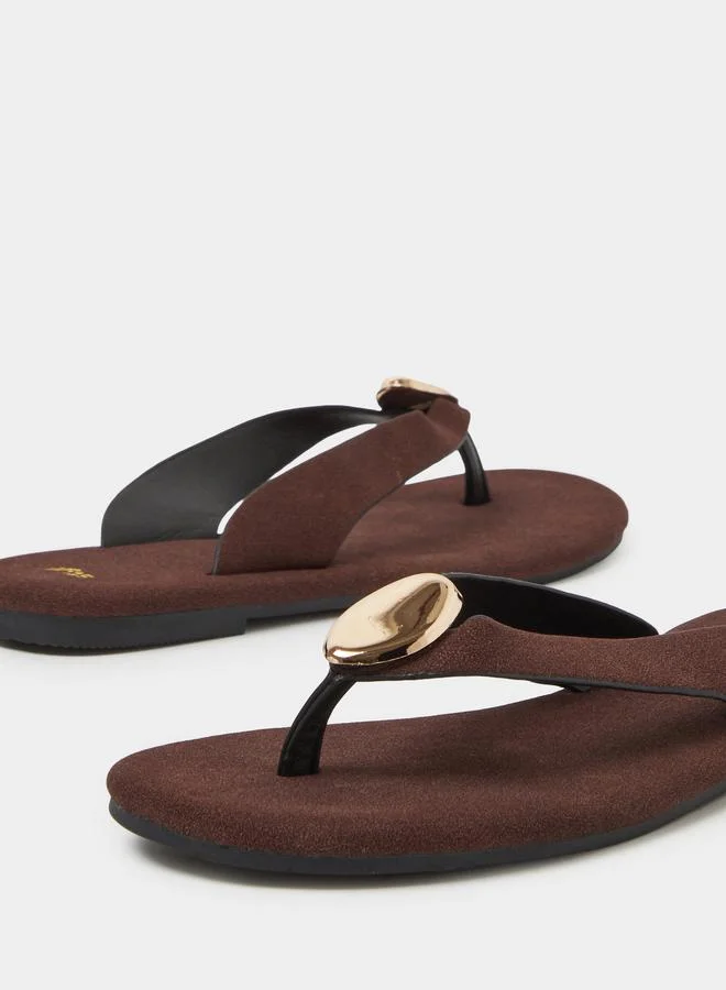 Styli Brown Flat Flip-Flops with Gold Tone Metallic Detail
