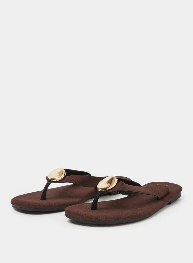 Styli Brown Flat Flip-Flops with Gold Tone Metallic Detail