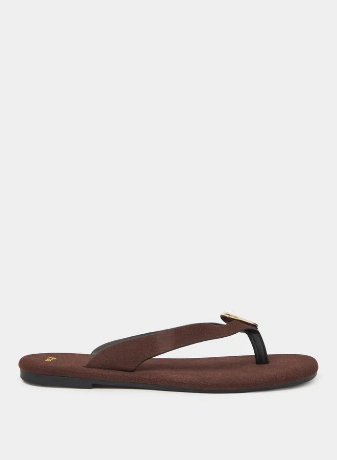 Styli  Brown Flat Flip-Flops with Gold Tone Metallic Detail for Women | Best Price UAE
