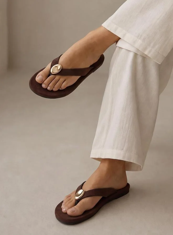 Styli  Brown Flat Flip-Flops with Gold Tone Metallic Detail for Women | Best Price UAE