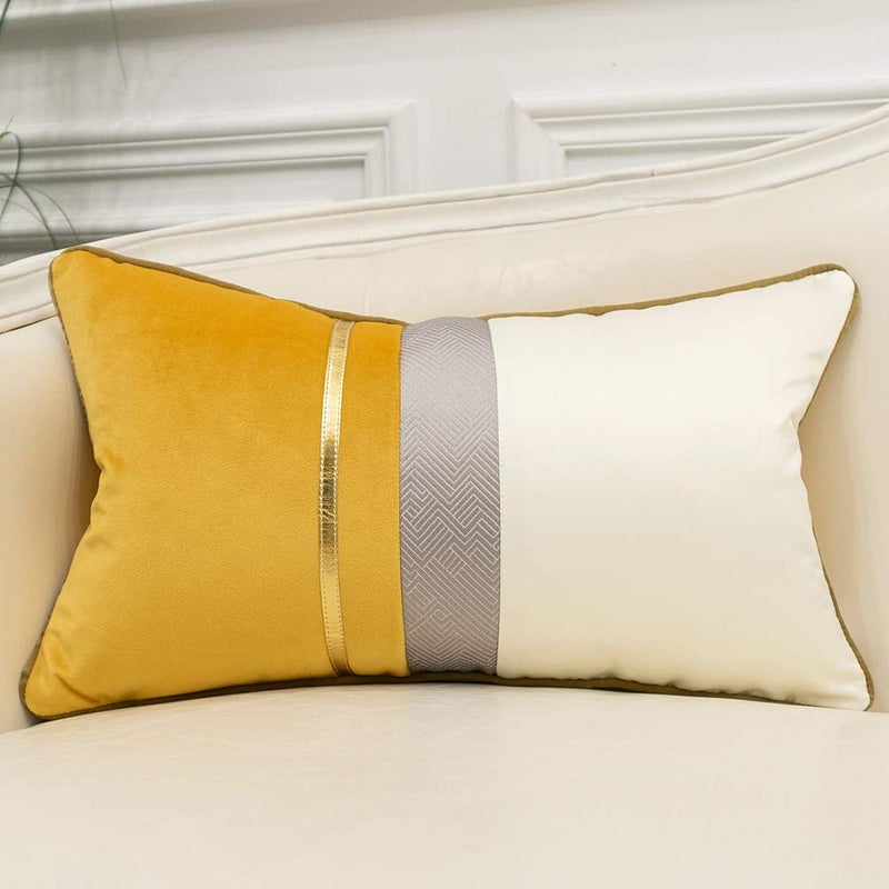 Avigers 12 x 20 Inches Yellow White Gold Leather Striped Patchwork Velvet Cushion Case Luxury Modern Throw Pillow Cover Decorative Pillow for Couch Living Room Bedroom Car